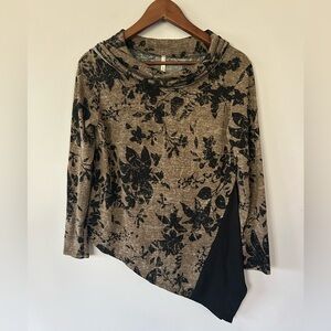 Harmony Floral Asymmetrical Long Sleeve Top, brown black, Preloved, Size Med